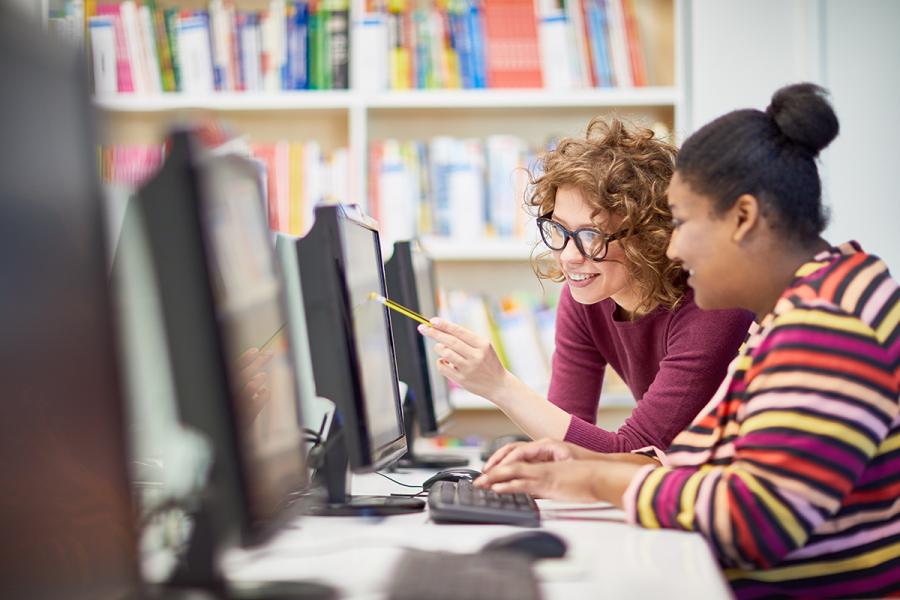 Two students work together at a computer station.