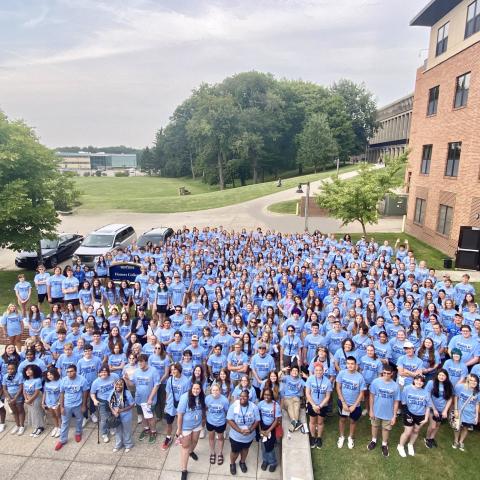 Honors College first-year students gather at an ice cream social in fall of 2024 outside of Stopher-Johnson Halls.