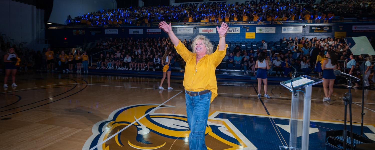Photo of Provost Tankersley Cheering with the Students at Convocation 
